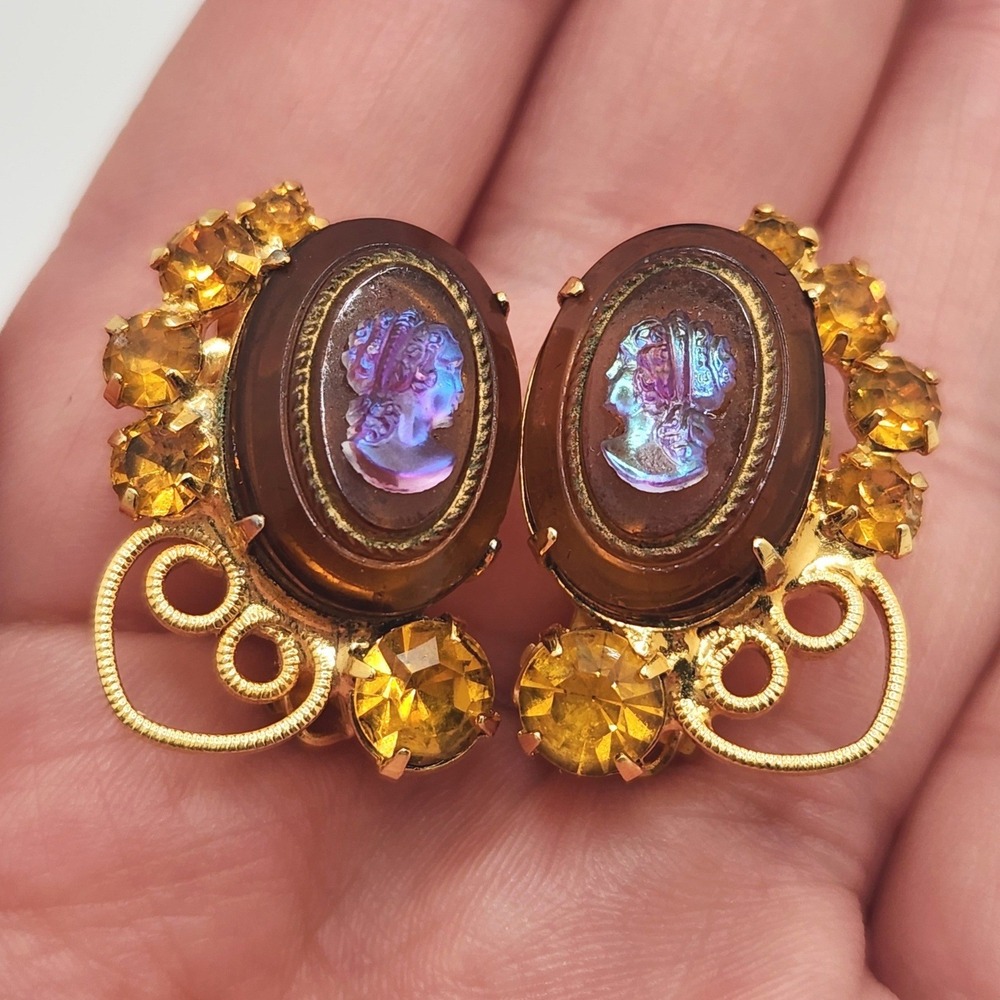 Juliana Cameo Topaz Glass Rhinestone Clip On Earrings Vintage MCM Celebrity NY